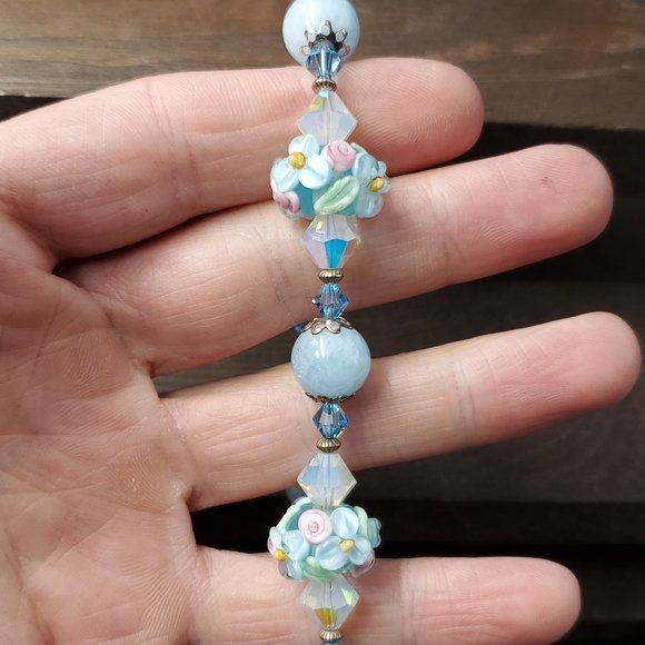 8 Inch Sterling Silver Blue Glass And Light Color Flowers Bracelet - Picture 1 of 5